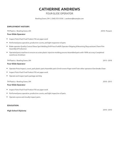 Four-Slide Operator Resume