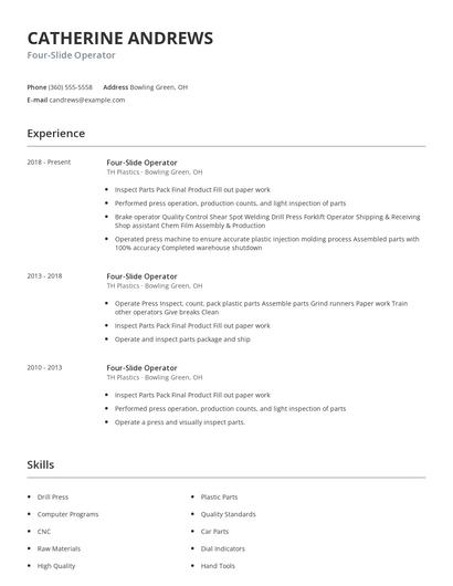 Four-Slide Operator Resume