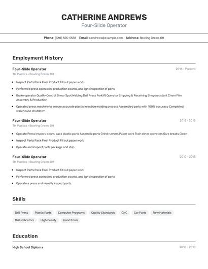 Four-Slide Operator Resume