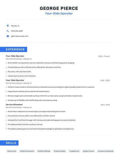 Four-Slide Operator Resume