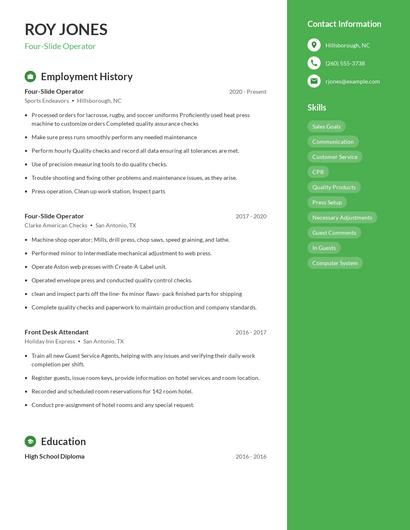Four-Slide Operator Resume