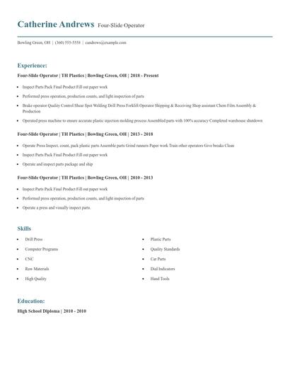 Four-Slide Operator Resume