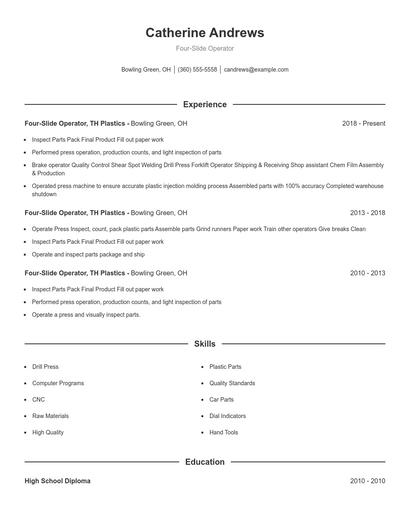 Four-Slide Operator Resume