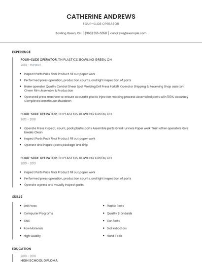 Four-Slide Operator Resume