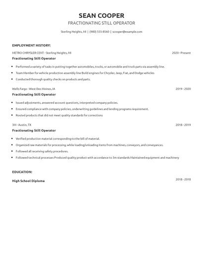 Fractionating Still Operator Resume