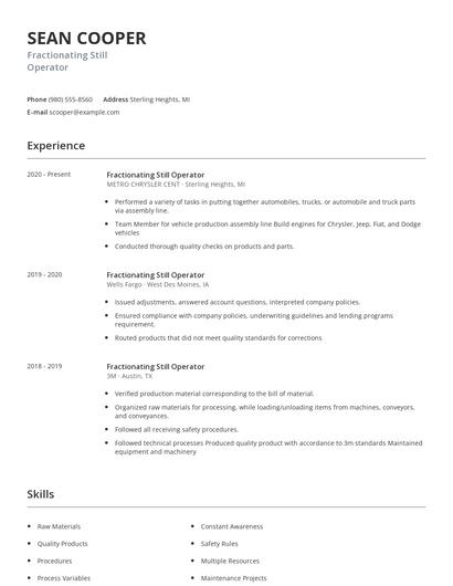 Fractionating Still Operator Resume