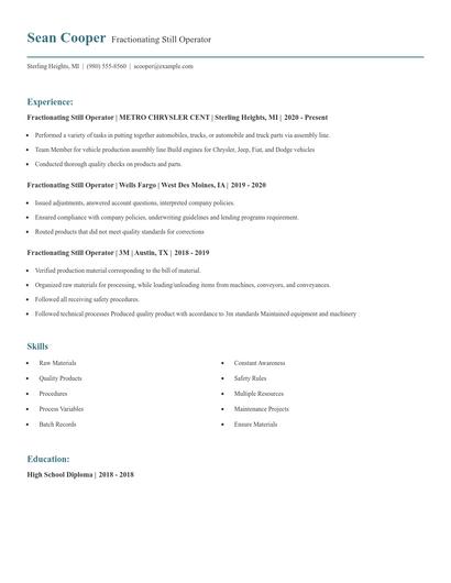 Fractionating Still Operator Resume