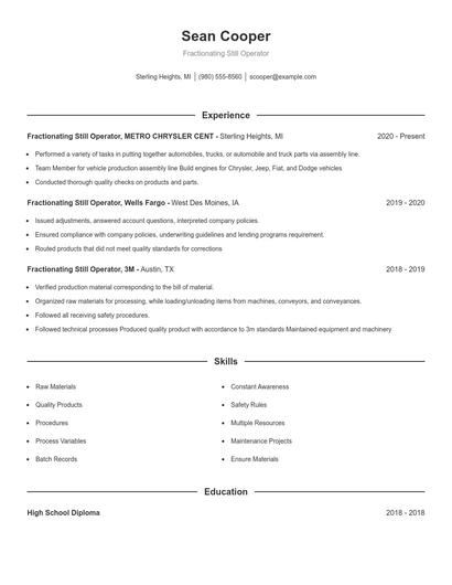 Fractionating Still Operator Resume