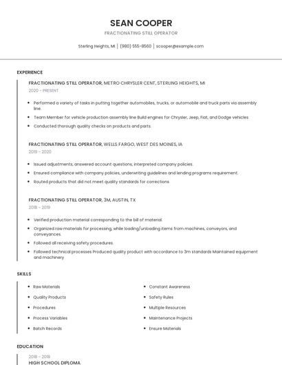 Fractionating Still Operator Resume