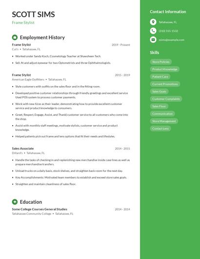 Frame Stylist Resume