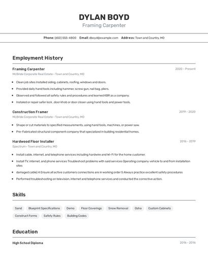 Framing Carpenter Resume