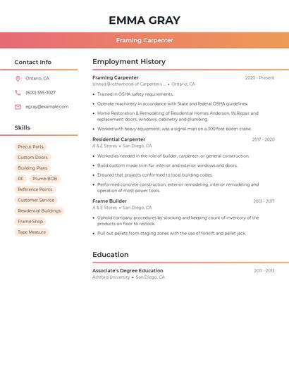 Framing Carpenter Resume