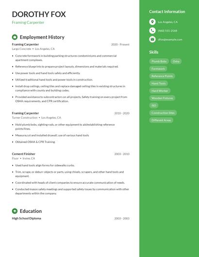 Framing Carpenter Resume