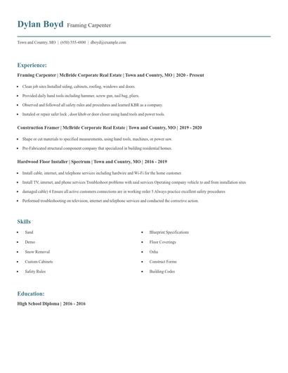 Framing Carpenter Resume