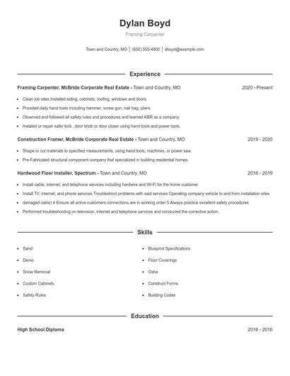 Framing Carpenter Resume