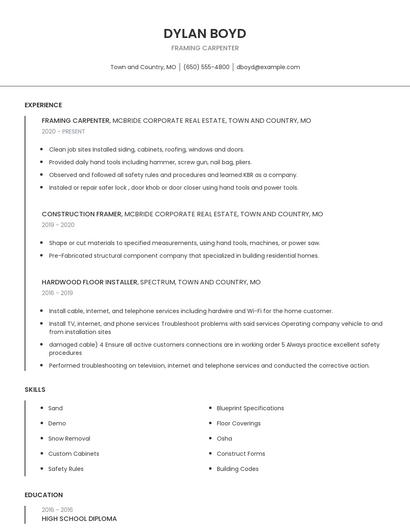 Framing Carpenter Resume