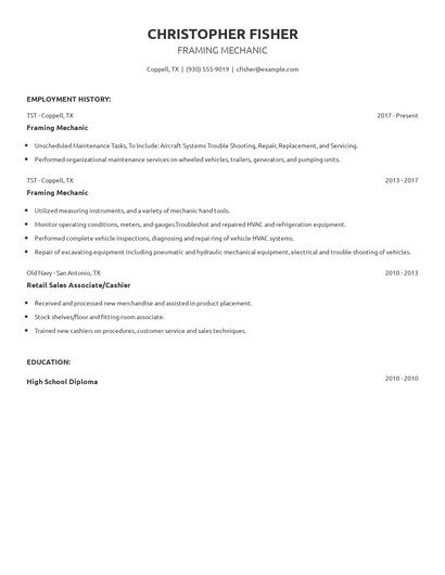 Framing Mechanic Resume
