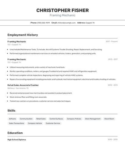 Framing Mechanic Resume