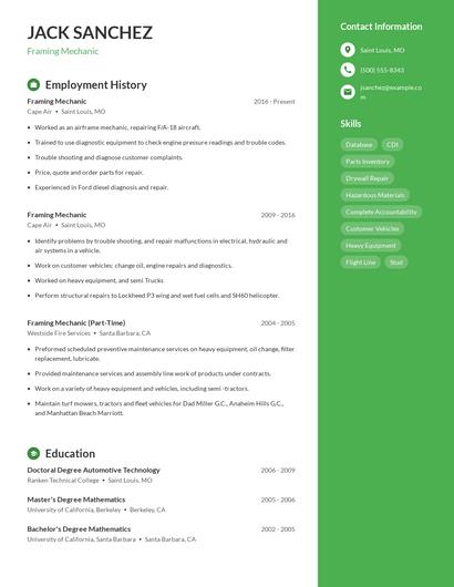 Framing Mechanic Resume