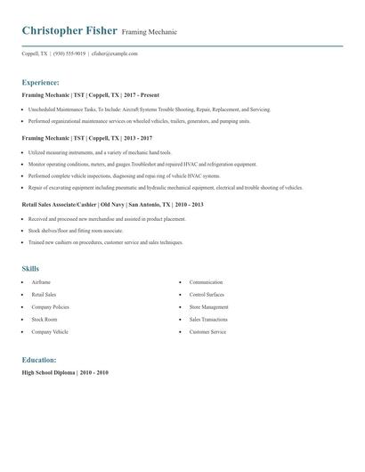 Framing Mechanic Resume