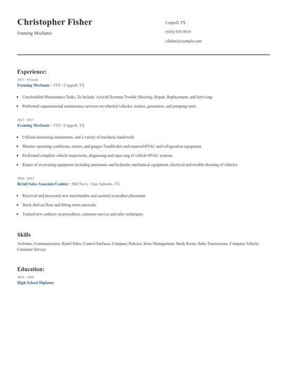 Framing Mechanic Resume