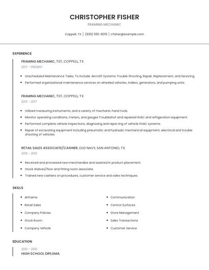 Framing Mechanic Resume