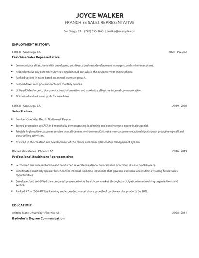 Franchise Sales Representative Resume