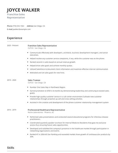 Franchise Sales Representative Resume
