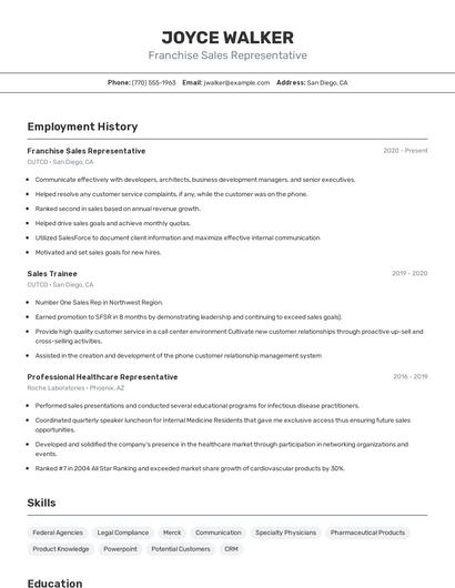 Franchise Sales Representative Resume