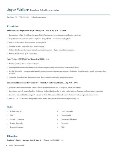 Franchise Sales Representative Resume