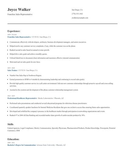 Franchise Sales Representative Resume