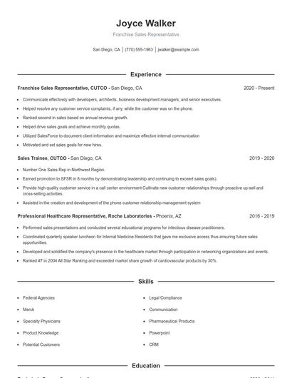 Franchise Sales Representative Resume