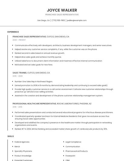 Franchise Sales Representative Resume
