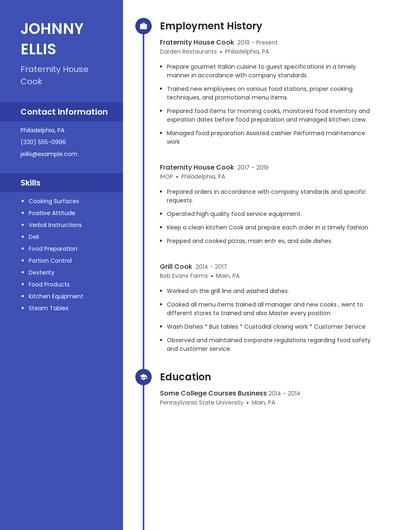Fraternity House Cook Resume
