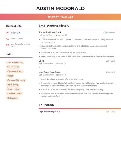 Fraternity House Cook Resume