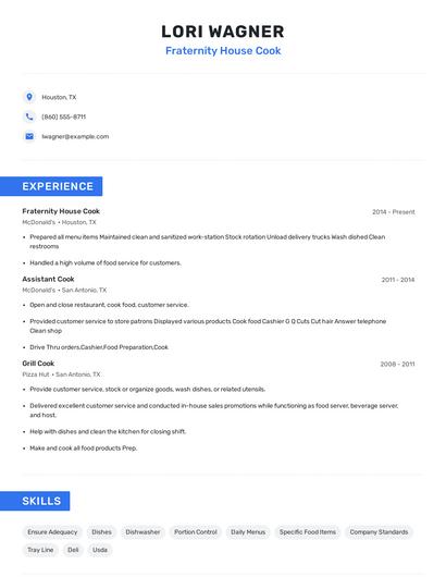 Fraternity House Cook Resume