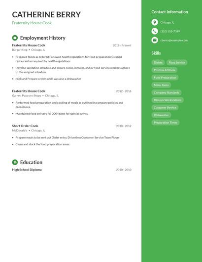 Fraternity House Cook Resume