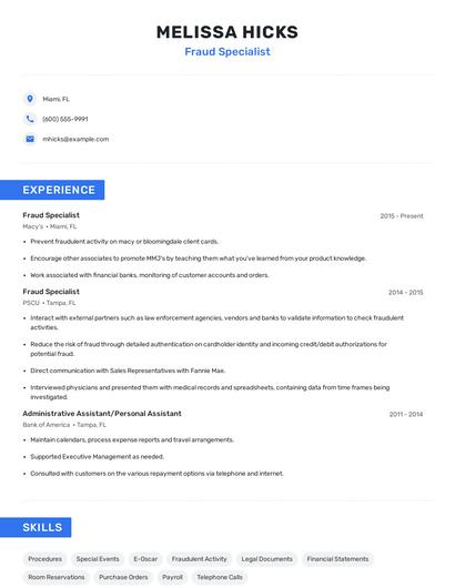 Fraud Specialist Resume