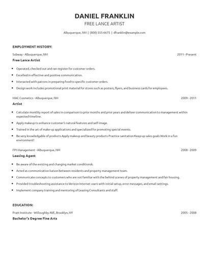 Free Lance Artist Resume