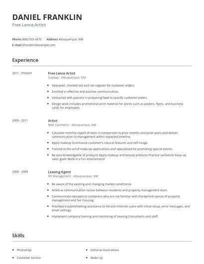 Free Lance Artist Resume