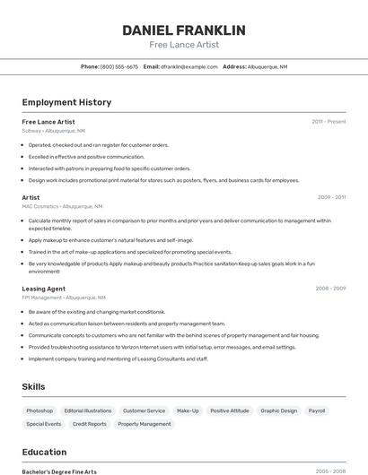 Free Lance Artist Resume