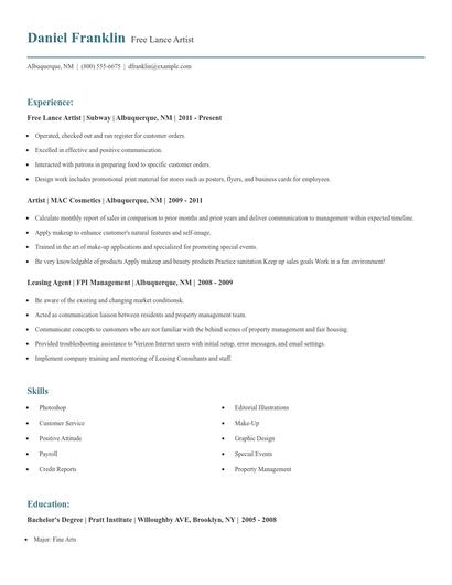 Free Lance Artist Resume