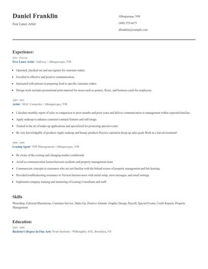 Free Lance Artist Resume
