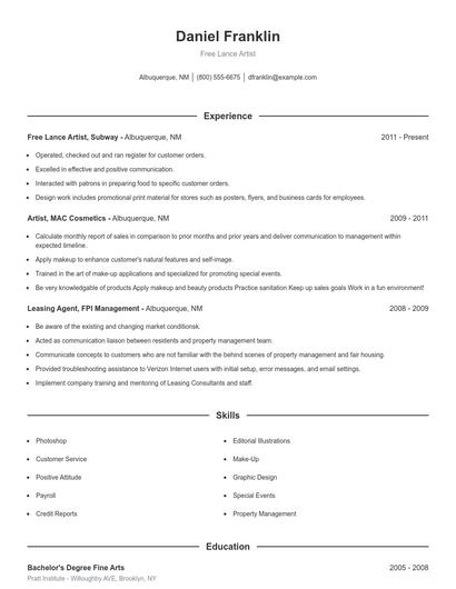 Free Lance Artist Resume