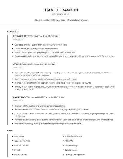 Free Lance Artist Resume