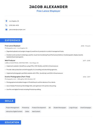 Free Lance Displayer Resume