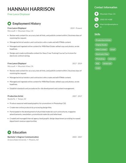 Free Lance Displayer Resume