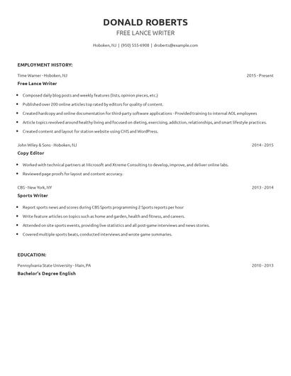 Free Lance Writer Resume