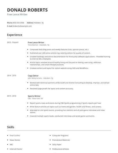 Free Lance Writer Resume