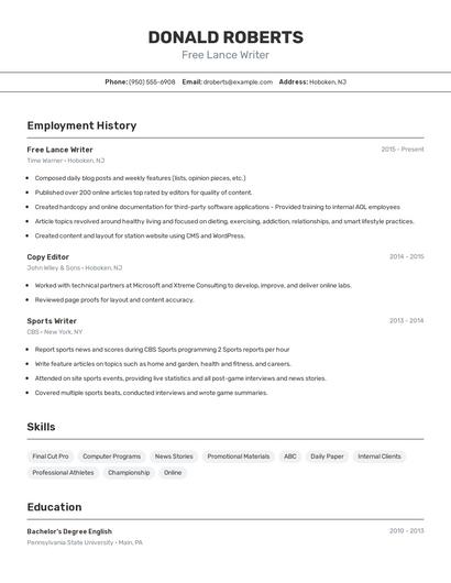 Free Lance Writer Resume